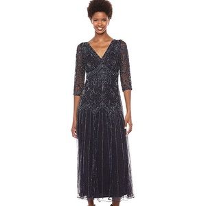 Pisarro Nights V-Neck Long Dress Beaded Motif